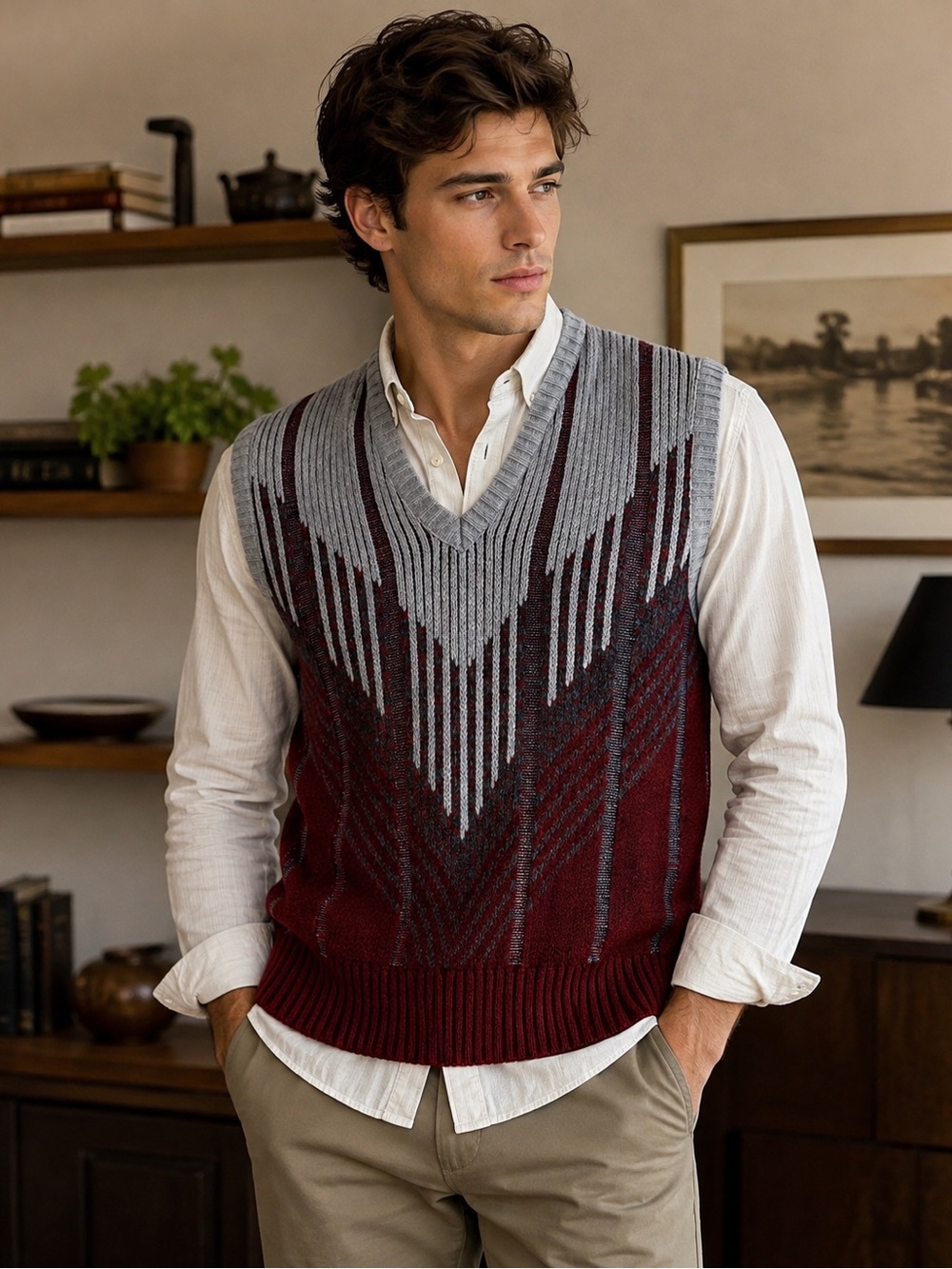 London Fog Vintage Mens Sweater Vest Maroon Gray Geometric Wool Blend L Preppy